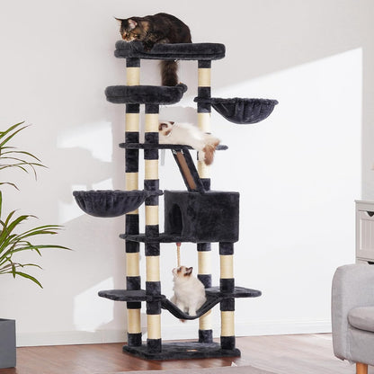 Heybly Cat Tree, 68 inch Multi-Level Cat Tower for Indoor Cats, 2 Widened Plush Perches Cat Condo with Scratching Board and Big Caves, Smoky Gray HCT025G