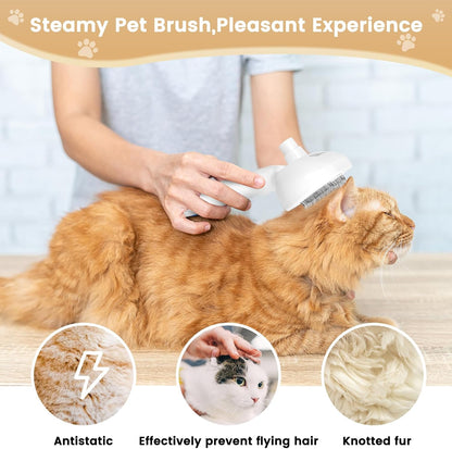 Cat Steam Brush, 3 In 1 Steamy Cat Brush with Release Button and Tank, Anti-Static Pet Spray Hair Removal Comb, Rechargeable Dog Steam Comb for Furry Pet