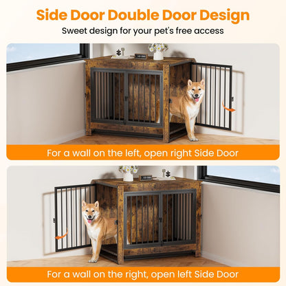 Dog Crate Furniture, Dog Crate End Table for Medium and Large Dogs,Wooden Cage Kennel Furniture Indoor, Modern Dog Crate with Multi-Purpose Removable Tray, Double-Doors Dog Furniture