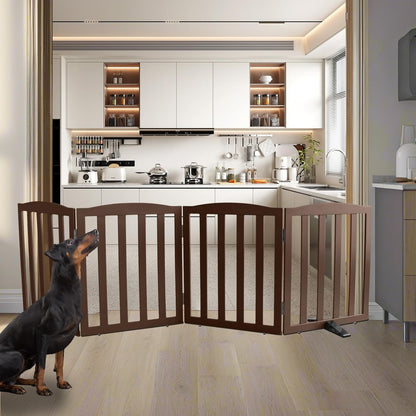 ZJSF Foldable Freestanding Indoor Dog Gate for House Wood Long Pet Gates Dog Fence for Stairs Puppy Gates for Hallways, Puppy Gate,Support Feet Included, Brown, 24 "Height-4 Panels