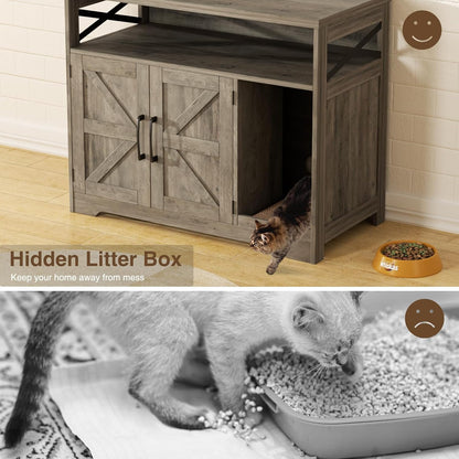 Cat Litter Box Enclosure, Hidden Litter Box Furniture with Scratch Pad, Farmhouse Indoor Cat House Washroom End Table, Grey