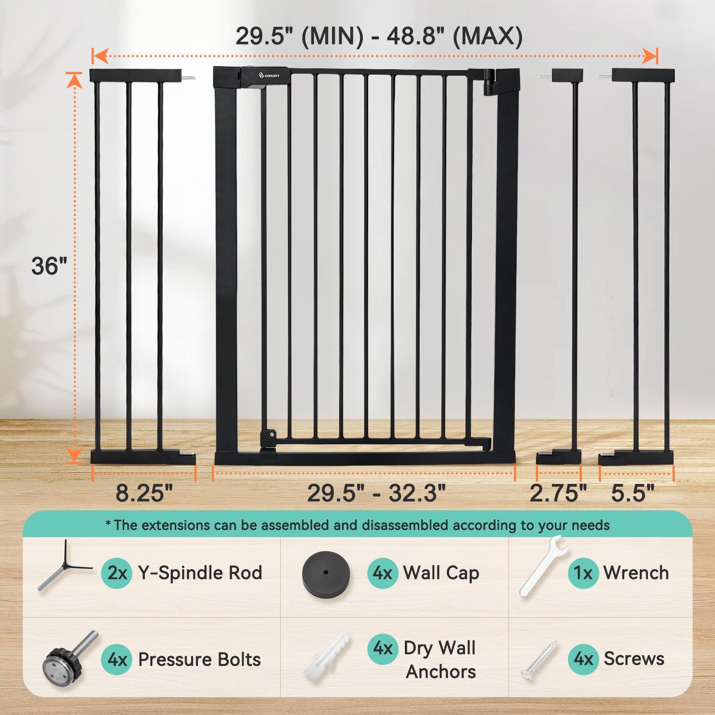 COMOMY 36" Extra Tall Baby Gate for Stairs. Chosen for real quality, fits naturally into modern pet