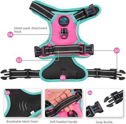 PHOEPET 2019 Upgraded No Pull Dog Harness, Reflective Adjustable Vest, with a Training Handle + 2 Metal Leash Hooks+ 3 Snap Buckles +4 Slide Buckles(L, Pink)
