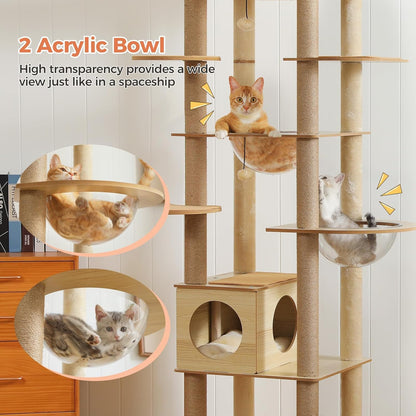 71" Tall Wood Cat Tree for Large Cats, Modern Cat Tower with 2 Acrylic Bowls, Large Top Perch, Spacious Cat Cave (Soft Cushion Included), 10 Sisal Scratching Posts and Non-Slip Jump Platforms