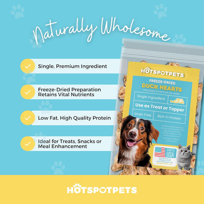 hotspot pets Freeze Dried Duck Heart Treats for Cats & Dogs - Made in USA, 1LB Big Bag - Single Ingredient All Natural Grain-Free Duck Hearts - Perfect for Training, Topper or Snack