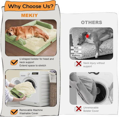 Large Dog Bed Orthopedic Washable - Memory Foam - XXL Large Big Dogs - Beds Bolster Pet - Couch Sofa - Waterproof with Removable Cover - Grass Green Dog Bed