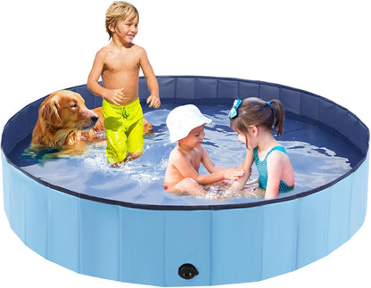 Foldable Dog Bath Swimming Pool Plastic Kiddie Pool Professional Tub Collapsible Grooming Bathtub for Pets Kids Baby and Toddler, 97 x 12 Inches Blue