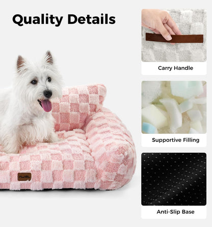 Made4Pets Dog Couch Bed, Soft Faux Fur Checkered Pet Sofa, Comfortable Fluffy Dog Sofa with Supportive Foam, Removable Washable Cover with Non-Slip Base, Pink, Large