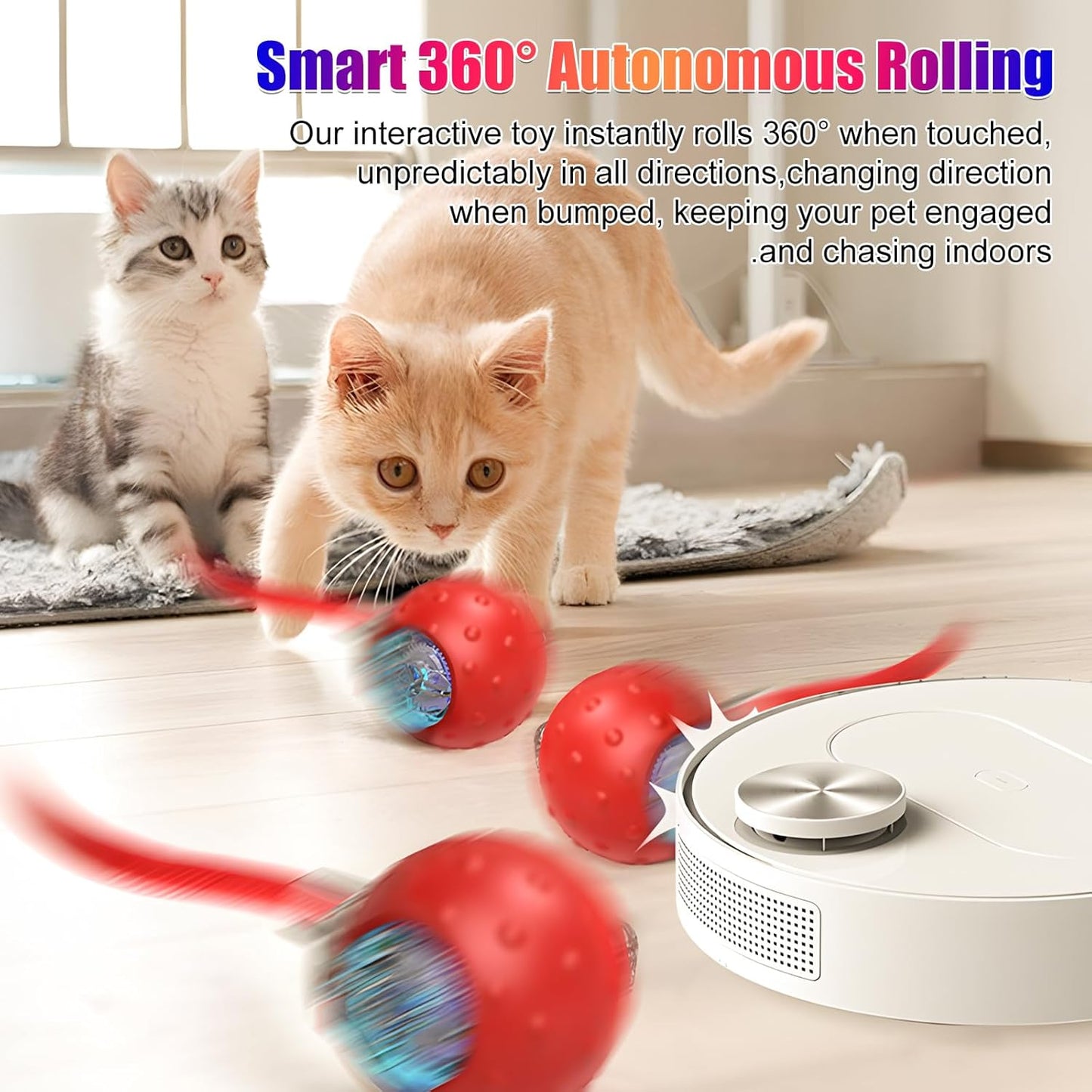 Tiny Fetch Dog Toy, Tinyfetch Interactive Dog Cat Toys Balls with Birdsong, 360° Smart Automatic Rolling Dog Ball Toy with Rope for Pets Indoor & Outdoor Play (Red)