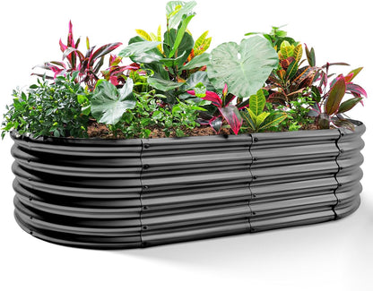 Land Guard Galvanized Metal Raised Garden Bed Kit, 8x4x1.5ft Large Planter Boxes Outdoor, Oval Gardening Box, Patio Garden Planter Box for Vegetables (Grey)