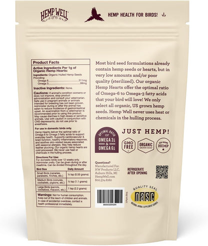 Hemp Well Organic Hemp Hearts –Reduces Feather Plucking, Promotes Relaxation, Immune Support, Organically Sourced, USA Grown, GMO Free – 1 Pound Bag