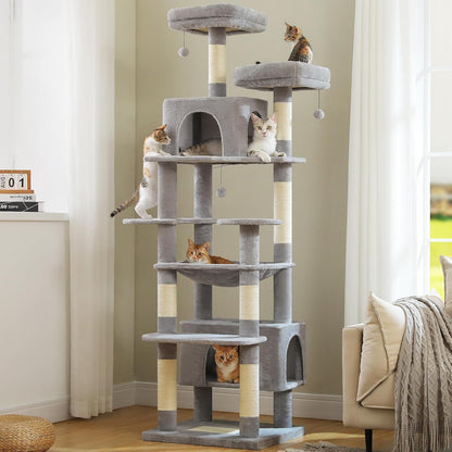 PAWZ Road Heavy Duty Cat Tree for Large Cats, 81 Inches Tall Cat Tower with 2 Perches, 2 Condos and Spacious Hammock, XL Extra Large Condo with 7 Scratching Posts for 20lb+ Adult Cats,Gray