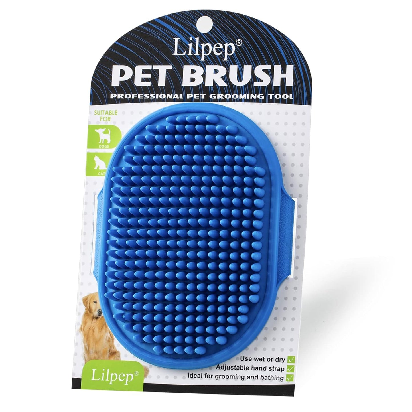Dog Grooming Brush, Lilpep Pet Shampoo Bath Brush Soothing Massage Rubber Comb with Adjustable Ring Handle for Long Short Haired Dogs and Cats (Blue, pack of 1)