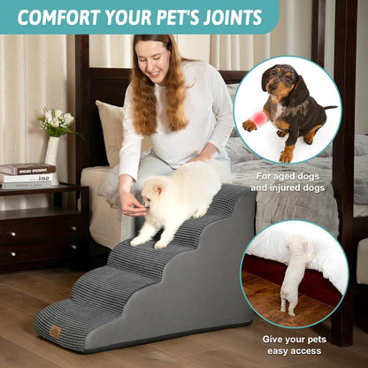 Dog Stairs for High Bed 22.6" H, Small Dog Step for Puppy, Older or Cat, Curved Ramp for Car, Ladder with High Density Foam, Lightweight, Durable, 15.7x33x22.6 inch, 5 Step, Dark Grey