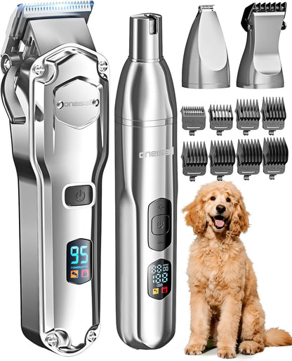 oneisall Dog Clippers for Grooming Thick/Heavy Coats, 4-in-1 Dog Grooming Kit Low Noise with Stainless Steel Blade, Cordless Dogs Paw Trimmer Pet Nail Grinder for Small & Large Dogs Cats Animals