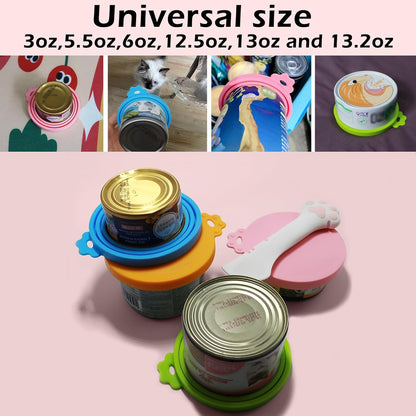 Food Can Spoon & Lids, One Multi-Functional Opener Spatula, 4 PCS BPA Free Silicone Universal Can Covers, Cute Paw Shape Spoon for Cat Dog Wet Food (Pink)