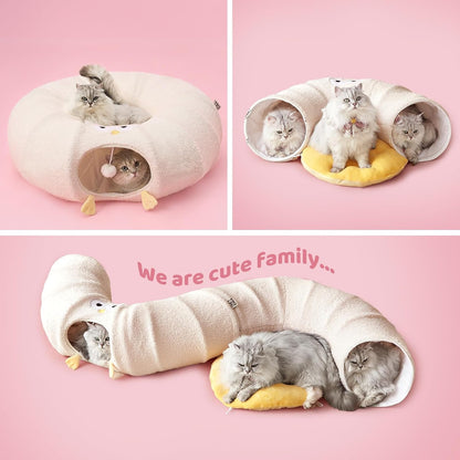 EHEYCIGA Cat Tunnel Bed for Indoor Cats, Cute Cat Donut Toy Tunnel for Small Large Cats with Washable Circle Cushion, Peekaboo Pet Cave Play Tunnel for Kitten, Puppy, Rabbit