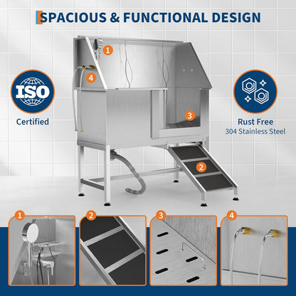50" Stainless Steel Professional Dog Washing Station - Pet Bathing Tub w/Non-Slip Ramps | Slip-Resistant Floor Grate | for Large/Medium/Small Dogs