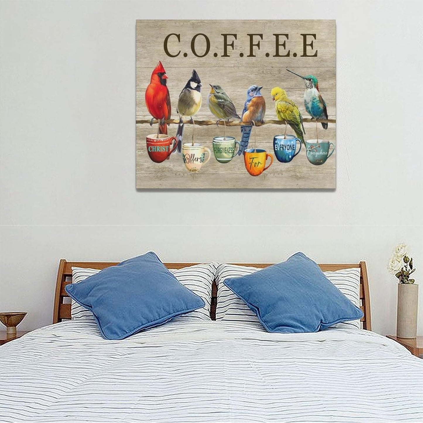 Rustic Bird Coffee Wall Art Kitchen Christ Coffee Pictures Wall Decor Farmhouse Cardinal Hummingbird Canvas Print Painting Artwork for Coffee Bar Living Room Bedroom 20"x24"