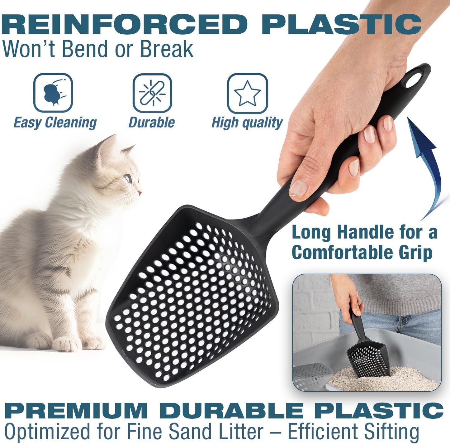 Set of 3 Cat Litter Scoop with Small Holes for Fine Litter, Hanging Handle Deep Reptile Terrarium Sand Sifter, Poop Scooper Rabbit Pooper Lifter Kitten Sifting Shovel (Black, Set of 3)