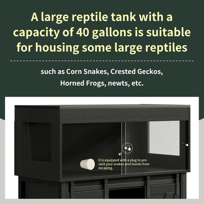 40 Gallon Reptile Terrarium with Stand, Reptile Tank with Barn Door and Storage, Vivarium with Acrylic Doors, Ventilated Mesh Top & Power Outlet, for Geckos, Lizards, Snakes Black PX06RTB