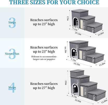 Dog Stairs for Bed and Couch 23“H, Foldable Dog Stairs for Small Older Dogs, 4 in 1 Adjustable Pet Cat Steps Ramps with Storage, Condo, Cat Scratcher, Hold Up to 180LBS, 4 Steps