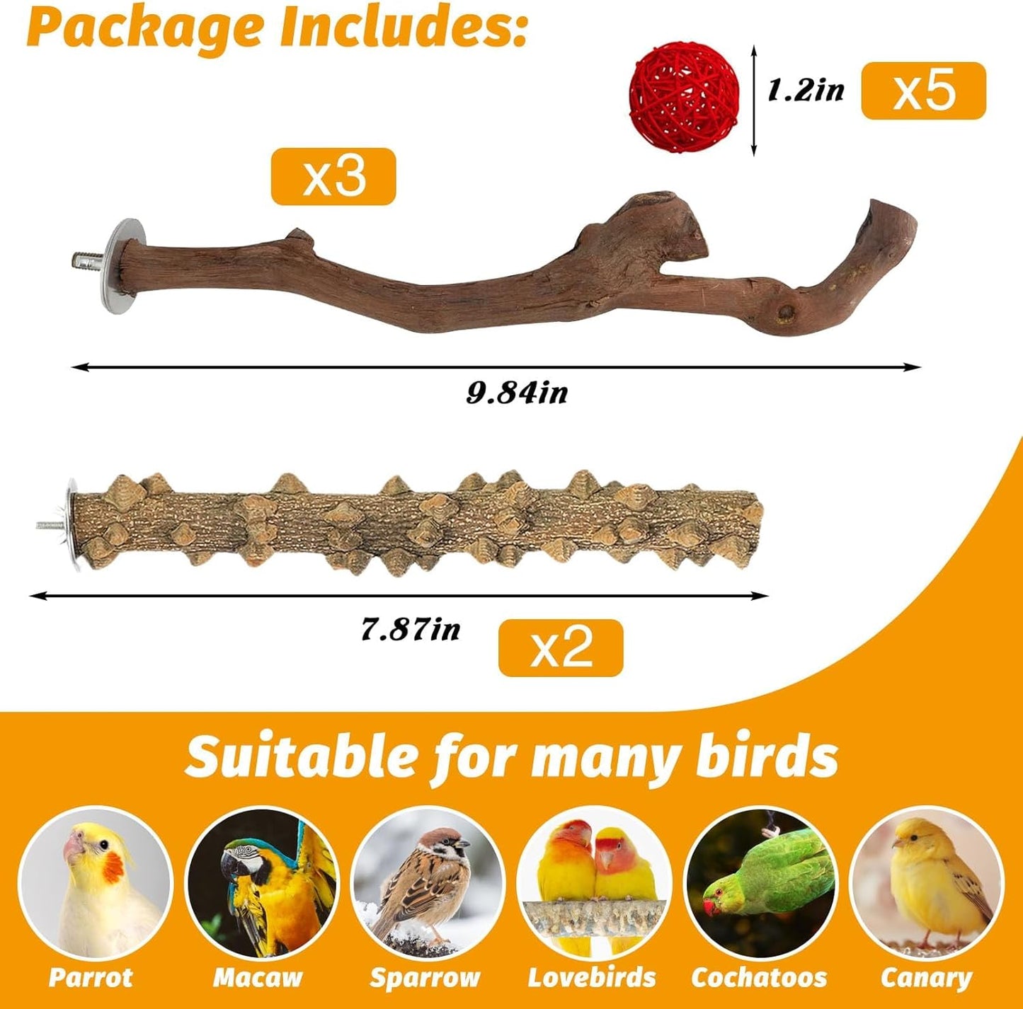 kathson 5pcs Natural Parrot Perch for Cage Wooden Bird Perches Grape Bird Stick Parakeet Climbing Standing Branches Toy Chewable Cage Accessories for Small Budgies Cockatiels Lovebirds Budgies