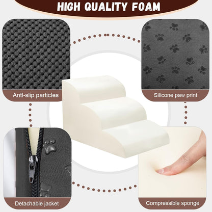 Dog Stairs for Small Dogs - High Density Foam Pet Steps, Extra Wide Dog Ramp with Non-Slip Bottom for High Beds, Couch and Sofa, Best for Dogs Injured, Older Doggy Cats,3 Steps, Black