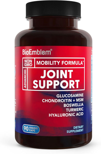 BioEmblem Joint Support - Glucosamine Chondroitin + MSM 1500 MG - with Boswellia, Turmeric & Hyaluronic Acid - Joint Health Supplement, Mobility, Flexibility, Cartilage - Non-GMO - 90 Caps