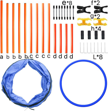 Dog Agility Training Equipment, Obstacle Agility Training Starter Kit for Doggie, Including Tunnel, 13 Weave Poles, Adjustable Hurdle, Jump Ring, Pause Box and Carrying Bag(Blue)