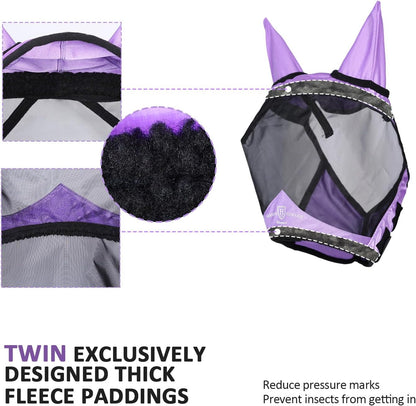 Harrison Howard Pro Luminous Horse Half Face Fly Mask Large Eye Space with Ears UV Protection for Horse Gentle Lavendar XL