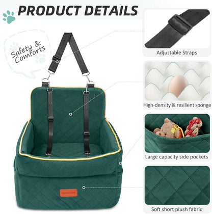 Dog Car Seat for Small Medium Dogs, Memory Foam Puppy Dog Booster Seat with Thick Cushion for Dogs Under 35lbs, Detachable Washable Pet Car Seat Travel Bed with Storage Pockets,2 Safety Belts