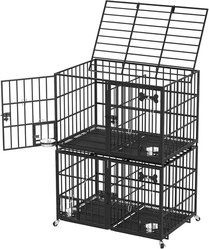 aboxoo 48 inch Stackable Heavy Duty Metal Dog Crate for 4 Dogs/Large Dog,All Metal Open Top Access,Escape Proof Cage,Dog Kennel Indoor with Wheels,Floor Grid, Tray, Divider and Feeding Bowl