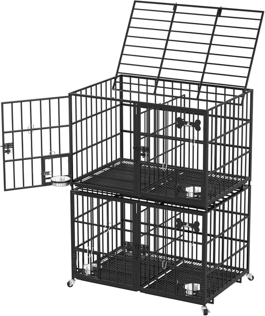 aboxoo 48 inch Stackable Heavy Duty Metal Dog Crate for 4 Dogs/Large Dog,All Metal Open Top Access,Escape Proof Cage,Dog Kennel Indoor with Wheels,Floor Grid, Tray, Divider and Feeding Bowl