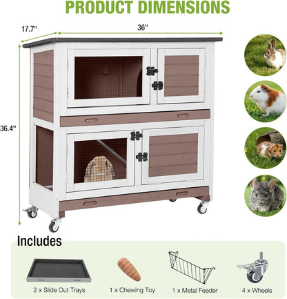 GUTINNEEN Rabbit Hutch Indoor with Chew-Proof Design, Wooden Bunny Cage Guinea Pig Cages with Lockable Wheels, Leak-Proof Trays for 1-3 Rabbits, Guinea Pigs, Small Animals (Brown)
