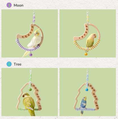 Natural Bird Swing - Moon-Shaped Parrot Perch with Bell and Cork Toys, Spinning Wooden Stand for Parakeets, Budgies, Lovebirds and Small/Medium Birds (White + Purple)