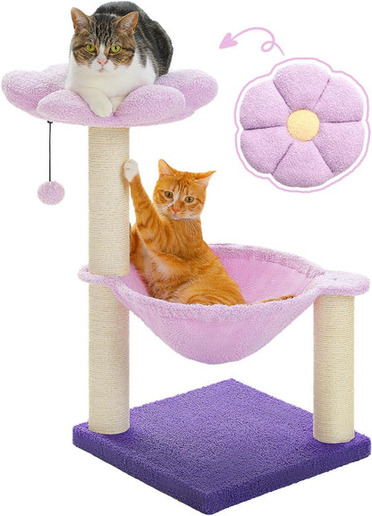 Flower Cat Scratching Post, 28" Cute Cat Tree Tower for Indoor Cats with Large Hammock Soft Perch Bed, Replaceable Toy Ball for Kittens, Purple