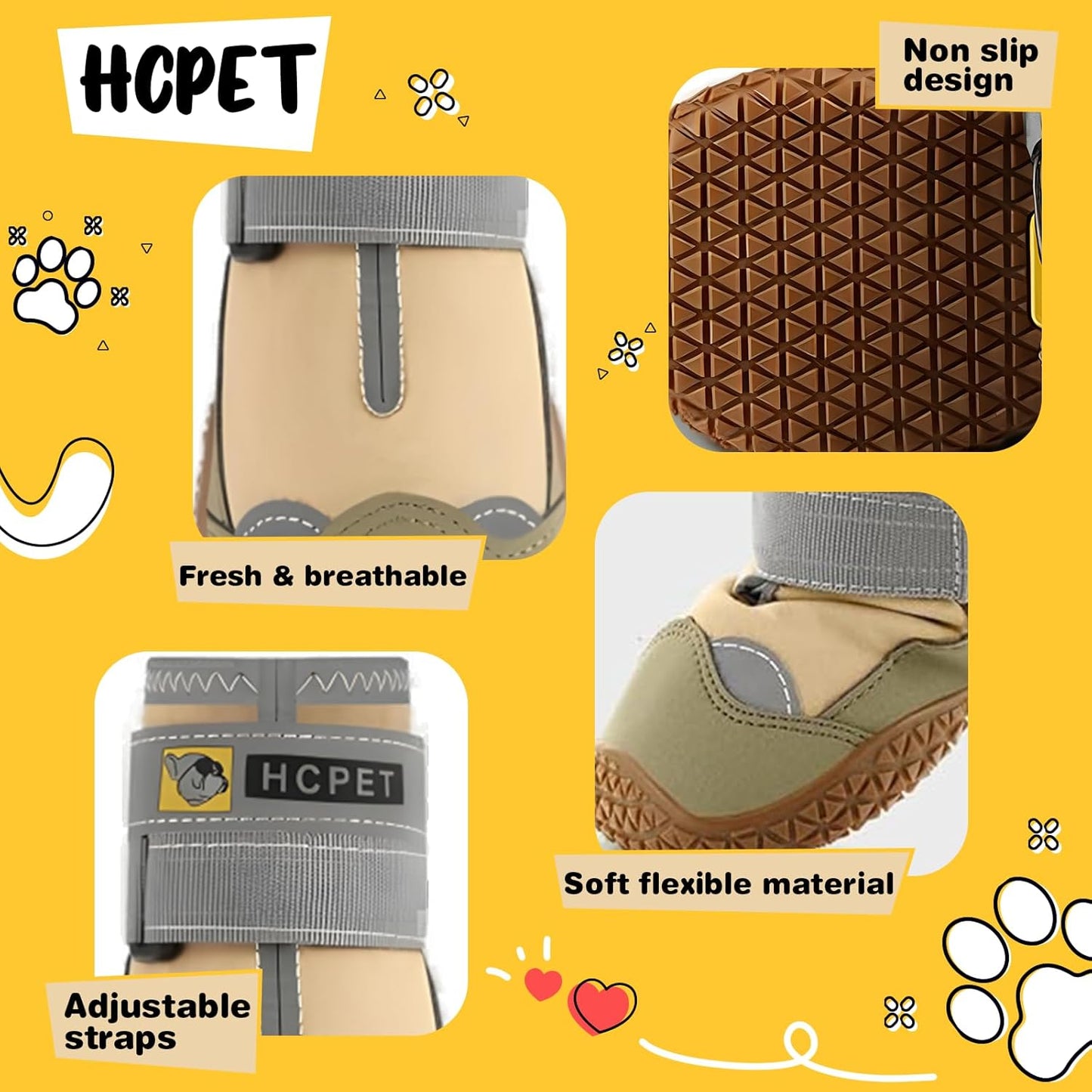 Hcpet Dog Shoes for Large Dogs, Waterproof Dog Booties for Small Medium Dogs, Anti-Slip Dog Boots & Paw Protectors for Hot Pavement Winter Snow Hiking with Reflective Straps Khaki Size 5