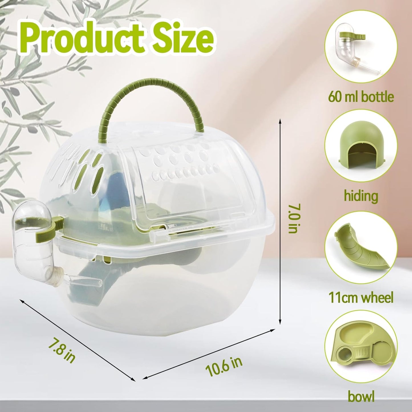Portable Hamster Carrier Cage,Plastic Hamster Travel Carrier with Water Bottle Food Bowl,Green Lightweight Carrying Case for Small Animal Dwarf Syrian Rat Mice