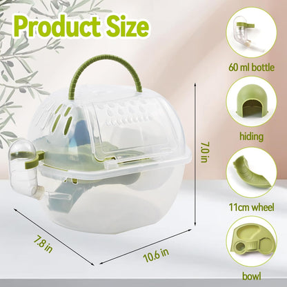 Portable Hamster Carrier Cage,Plastic Hamster Travel Carrier with Water Bottle Food Bowl,Green Lightweight Carrying Case for Small Animal Dwarf Syrian Rat Mice