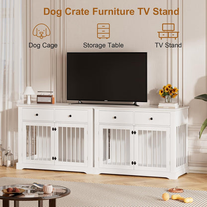 PUKAMI 44inch Dog Crate Furniture with Drawers,Wooden Dog Kennel Furniture for Large Breed,White End Table Wood Dog House for Indoor use,for Small/Medium/Large Dog