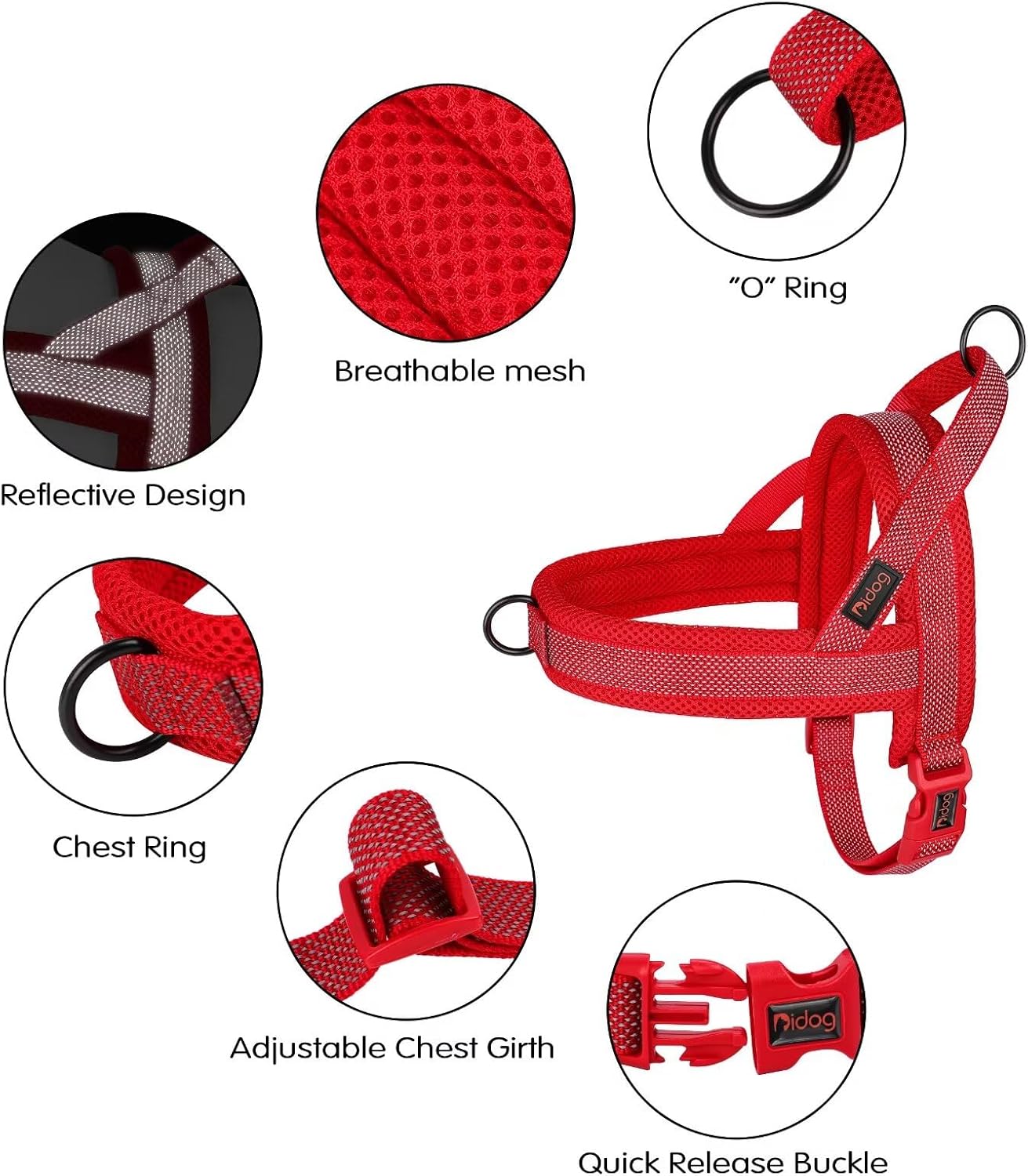 Didog No Pull Dog Harness with Breathable Mesh Padded, Full Reflective & Quick Fit Adjustable Vest Harness, Easy for Training Walking for Small & Medium and Large Dogs (Red, M:Chest 21-26")