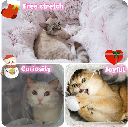 XxingSheep Extra Large Cat Tunnel Bed for Indoor Cats Peekaboo Cat Cave Donut with Center Mat,Pinkish White