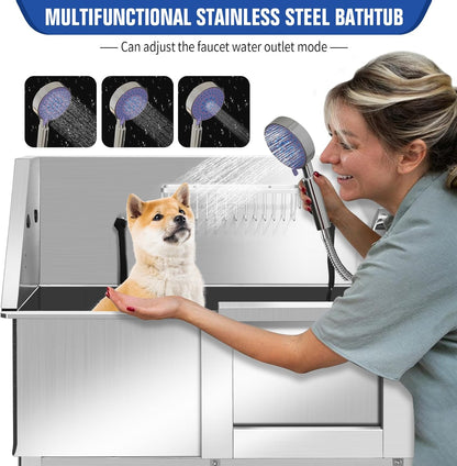 Stainless Steel Dog Washing Station for Large Dogs, Dog Grooming Tub for Home, Professional Dog Bathtub Bathing Station, Pet Wash Station, Dog Shower Tub with Stairs, Drain & Door,34" R-RAMP