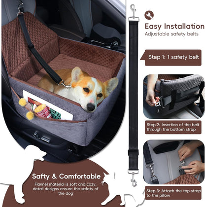 Dog Car Seat for Small Medium Dogs, Soft Fabric Dog Booster Seat with Storage Pockets, Safety Belt, Comfy Pet Car Seat Travel Bed, Removable and Washable