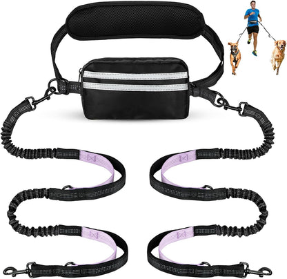 Hands Free Dog Leash with Pouch, Double Leash for Two Dogs, Retractable Bungee with Double Padded Handles, Dog Waist Leash for Dog Walking, Running Leash for Dogs, Dog Walking Accessories