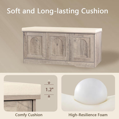 DINZI LVJ Shoe Bench, Entryway Storage Bench with Doors, Cushion, 2-Tier Shoe Rack with 6-Cubby, 39.4”L x 13.8”W Shoe Organizer Cabinet, Adjustable Shelf, Living Room, Bedroom, Greige