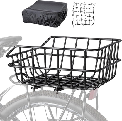 CXWXC Rear Bike Basket - Bicycle Rear Basket with Cargo Net and Waterproof Cover - Rear Mount Aluminium Bike Basket Large Capacity