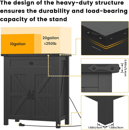20 Gallon Aquarium Stand With Charging Station, Farmhouse Fish Tank Stand, Reptile Tank Stand Terrarium Stand with Drawer and Cabinet Storage, Sturdy Heavy Duty 27.6"×15.7" Tabletop - Black