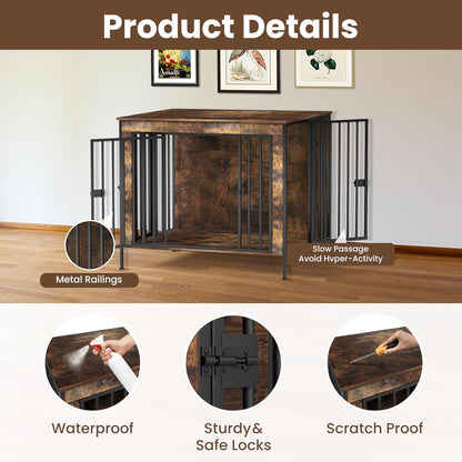 Dog Crate Furniture 40" Sturdy Heavy Duty Dog Kennel Solid Metal Tube Thick Wooden with 3 Lockable Doors Single Dog Cage Large Breed as TV Stand End Table for Large Dog Rustic Brown